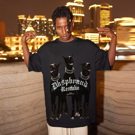 美式街头嘻哈烫钻短袖杜宾犬t恤男潮牌宽松潮流半袖夏季半截袖潮商品大图