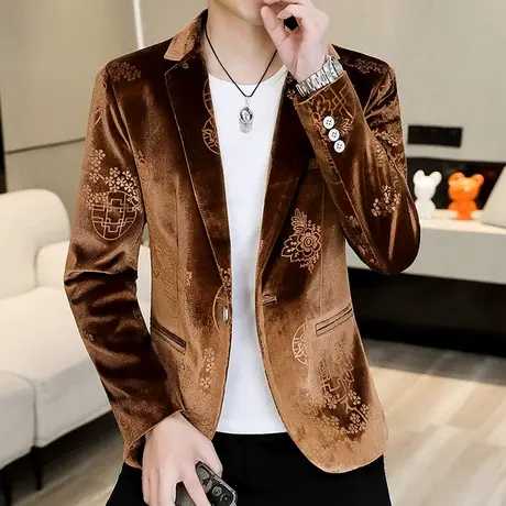 男士时尚高端金丝绒提花西装轻奢春秋男装复古痞帅休闲小西服外套图片
