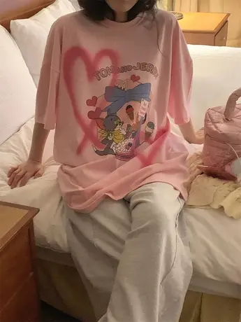 2024夏季新款韩国东大门手喷爱心洋气百搭短袖t恤女宽松半袖上衣图片