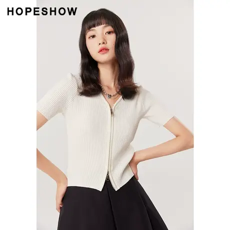 红袖肌理感坑条双拉链开衫hopeshow2024夏季新款V领翻领针织衫女图片