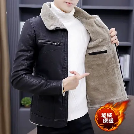 皮毛一体冬款男装派克服青年机车皮夹克加绒加厚防寒保暖皮衣外套图片
