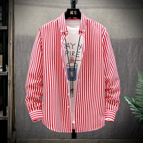 衬衫男长袖春秋季2023年新款秋装薄款条纹衬衣寸韩版潮流休闲上衣商品大图