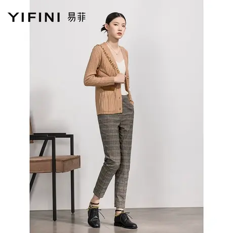Yifini/易菲灰色格纹高腰小脚裤女春秋新款休闲通勤九分裤子商品大图
