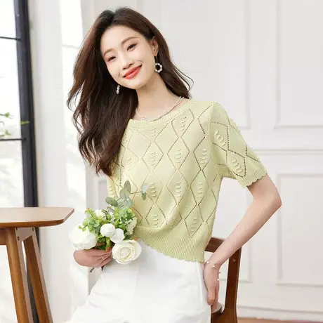 时尚短袖针织衫2023年夏季新款淑女气质温柔圆领修身显瘦通勤上衣商品大图