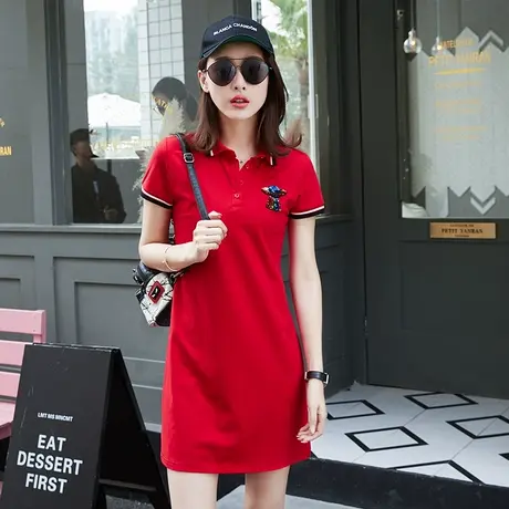 2023夏装新款韩版红色显瘦POLO领休闲运动连衣裙女夏季a字裙子潮图片