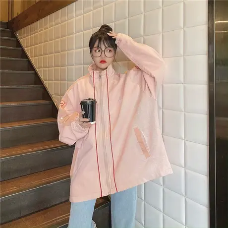 大码灯芯绒外套女2023新款春秋韩版宽松日系古着ins潮棒球服上衣商品大图