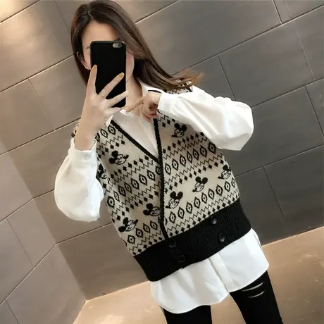 文艺复古提花针织马甲女春秋新款V领双排扣无袖坎肩宽松线衣背心商品大图