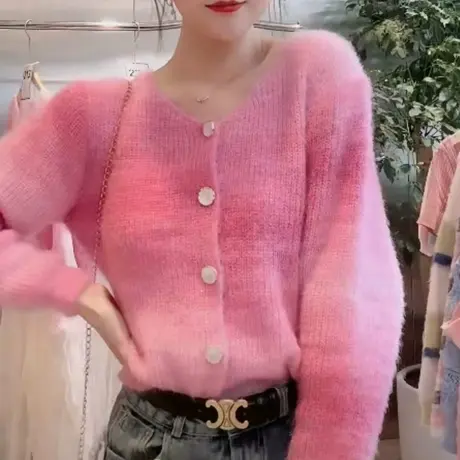 2023春夏新款渐变色毛衣女气质V领宽松慵懒风针织开衫百搭上衣仙商品大图