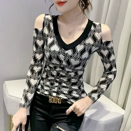 2023春秋新款性感露肩T恤女长袖时尚网纱上衣修身紧身内搭打底衫图片