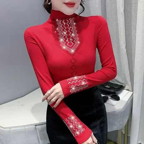 加厚半高领打底衫女秋冬洋气烫钻保暖上衣设计感小众修身T恤长袖商品大图