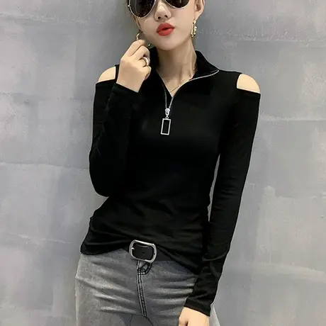 欧货半高领打底衫女春秋2023新款性感露肩长袖T恤修身洋气上衣ins图片