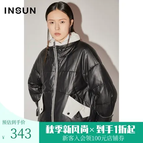 [时尚减龄]恩裳COVER冬季2022廓形撞色短款白鸭绒面包羽绒服商品大图