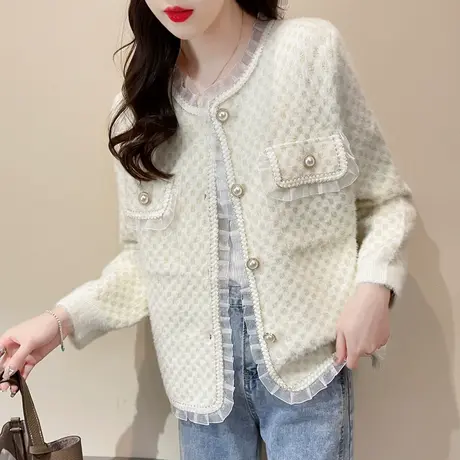 女士毛衣蕾丝针织开衫宽松外套2023秋季新款小香风短款上衣洋气图片