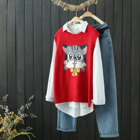 2022年春季新款圆领提花针织背心女休闲宽松外穿无袖毛衣马甲坎肩商品大图