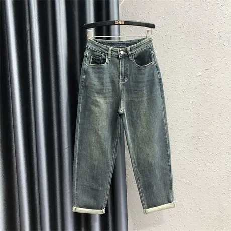 2023秋季新款牛仔哈伦裤撞色贴标休闲宽松显瘦萝卜裤百搭老爹垮裤图片