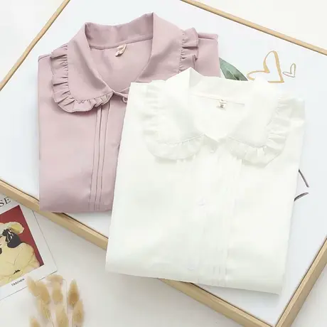 2021年春装森女木耳风琴褶花边灯笼长袖娃娃领雪纺衬衫女打底上衣图片