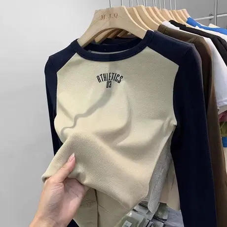 欧货辣妹正肩T恤女长袖2023秋季新款撞色修身打底衫内搭短款上衣商品大图