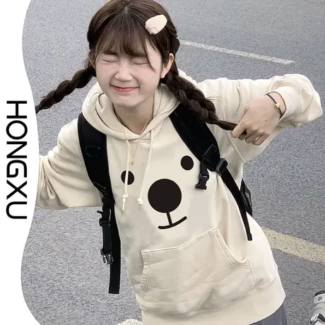 红续秋冬韩版加绒加厚连帽卫衣女生新款趣味可爱印花上衣新潮百搭图片