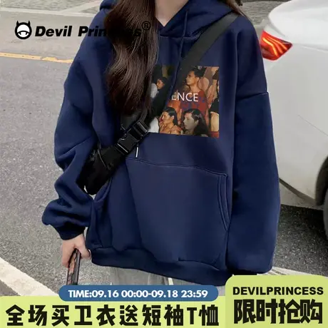 chic美式复古印花春秋薄款连帽卫衣女休闲百搭oversize显瘦上衣潮商品大图