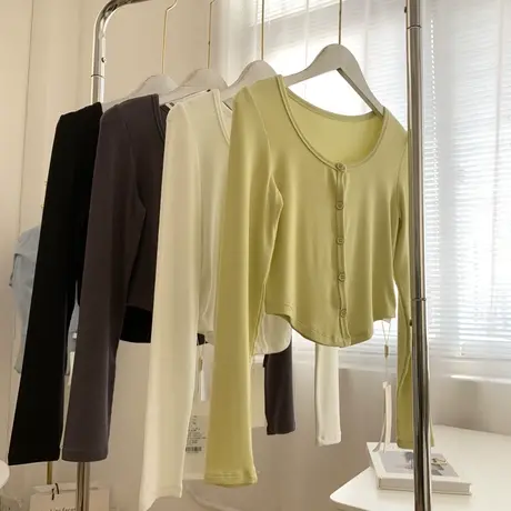 洋气减龄长袖T恤女秋装2023新款修身百搭韩版短款小个子螺纹上衣商品大图