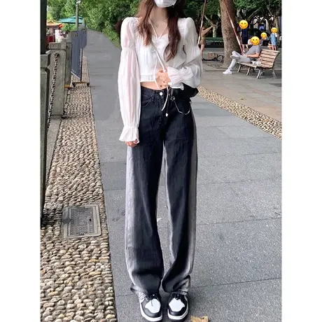 渐变牛仔裤女2022新款春秋季高腰显瘦直筒宽松阔腿ins潮拖地裤子图片