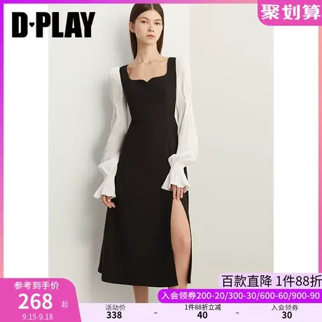 DPLAY2023秋新法式赫本风宫廷方领黑拼白喇叭袖侧开衩长款连衣裙图片