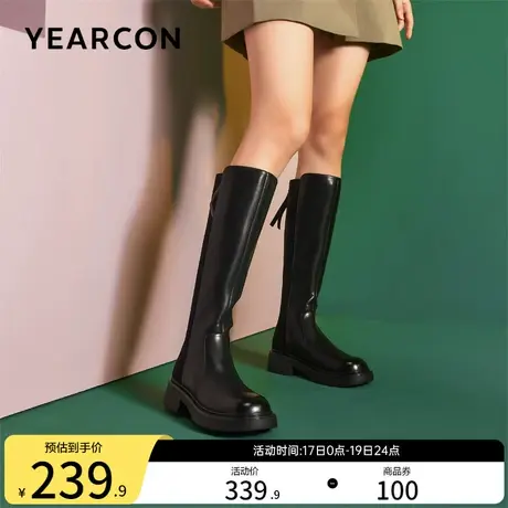 意尔康女鞋2023冬季新款加绒长靴不过膝高筒拼接瘦瘦靴粗跟复古图片