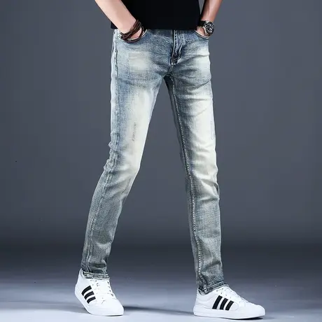 春秋复古破洞牛仔裤潮男修身小脚2023新款休闲裤子男弹力百搭潮牌商品大图
