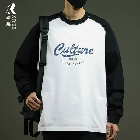 希越美式潮牌黑白长袖T恤男圆领秋冬宽松大码男生加绒内搭打底衫商品大图