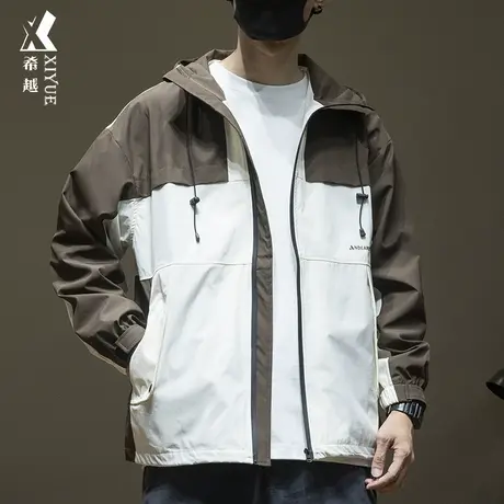 希越美拉德户外徒步防泼水连帽冲锋衣男秋季宽松大码防风设计外套图片