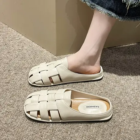 包头半拖鞋女夏外穿孕妇懒人一脚蹬2023新款平底编织百搭休闲凉拖商品大图