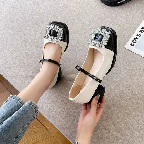 玛丽珍鞋女夏季2023新款水钻浅口粗跟单鞋防滑时尚小众法式小皮鞋商品大图