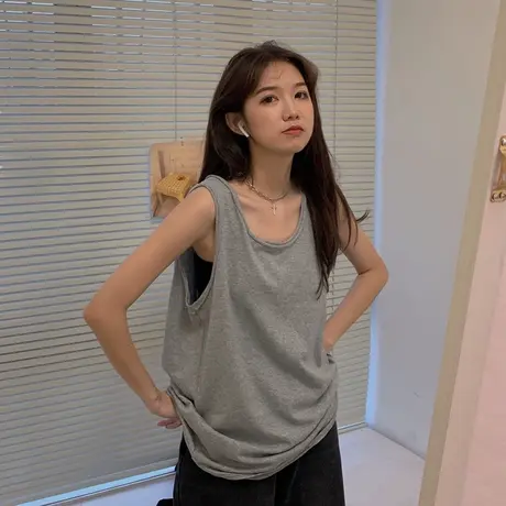 吊带背心无袖T恤女夏外穿潮内搭长款宽松bf灰色跨栏纯棉打底上衣商品大图