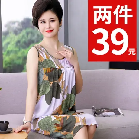 中年妈妈棉绸睡裙女夏季薄款连衣裙纯绵绸人造棉宽松睡衣中老年人图片