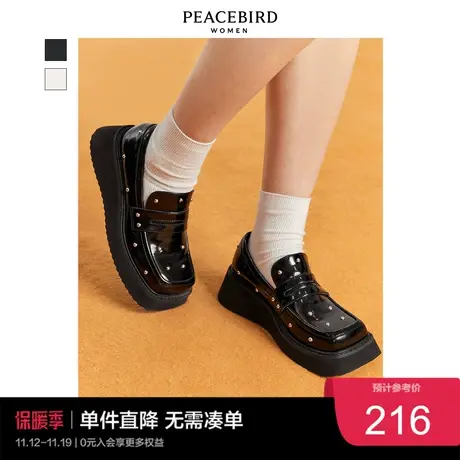 太平鸟黑色铆钉小皮鞋女春季新款潮流小众设计感炸街小黑鞋图片
