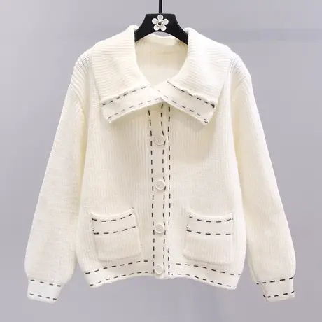 小香风撞色大翻领毛衣外套女秋冬2023新款设计感小众减龄针织开衫商品大图