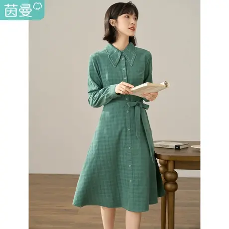 【商场同款】茵曼2023冬女装新款通勤衬衫领格纹收腰长袖连衣裙商品大图