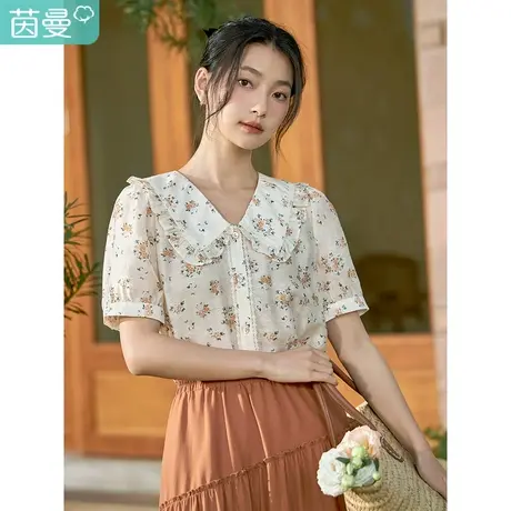 茵曼2023春女装新款田园印花肌理拼接花边娃娃领泡泡袖修身衬衣图片