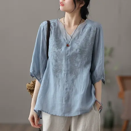 dza 复古薄款苎麻上衣女士宽松V领短袖衬衣夏季新款气质棉麻衬衫图片