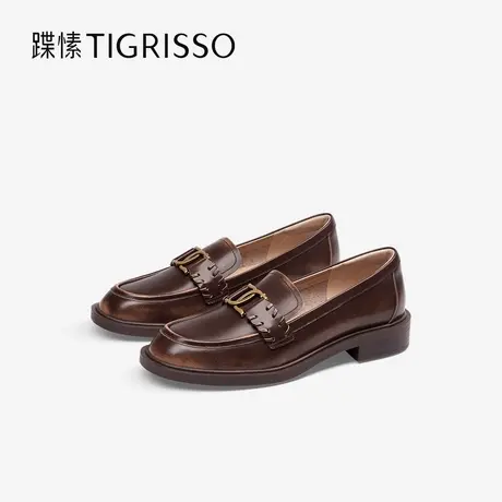 蹀愫2025年春夏新款牛皮圆头英伦小皮鞋复古金扣乐福鞋TA65140-52图片