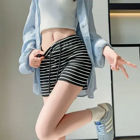 美式辣妹条纹运动裤短裤子女夏季新款宽松显瘦高腰小个子瑜伽热裤商品大图