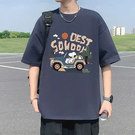 卡通印花纯棉短袖t恤男夏季2025新款潮牌宽松美式高街半袖体恤衫商品大图
