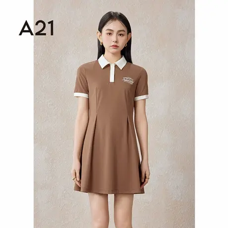 A21女装翻领短袖A摆针织连衣裙夏季美式学院风POLO领拼色小裙子图片