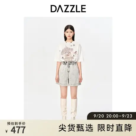 DAZZLE地素奥莱 春季高腰复古白色做旧牛仔短裤女图片