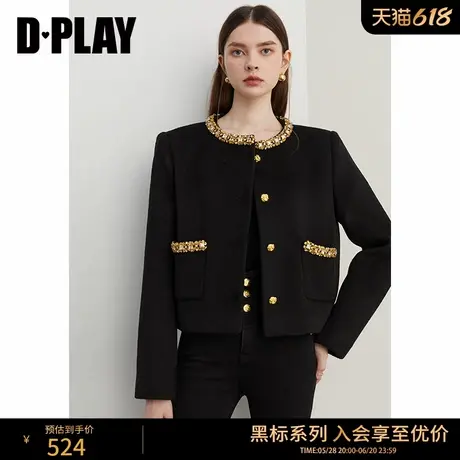 DPLAY【黑标】2025年春季法式黑色小香风外套女千金风羊毛呢大衣图片