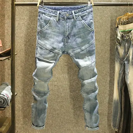 高端美式牛仔裤男款修身小脚弹力显瘦裤子个性拼接设计感秋季长裤商品大图