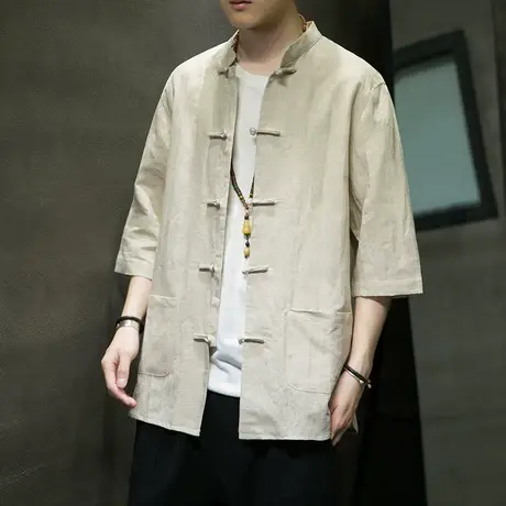 唐装男款中国风男装亚麻衬衫外套夏季盘扣中式短袖棉麻七分袖上衣商品大图