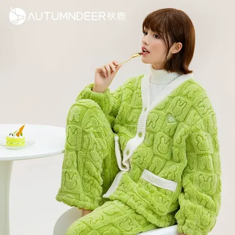 秋鹿冬季珊瑚绒睡衣女2025新款加绒加厚秋冬开衫北极绒家居服套装商品大图