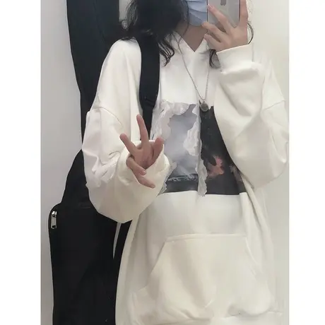 日系连帽ulzzang外套女早秋白色卫衣oversize薄款宽松嘻哈潮ins酷商品大图