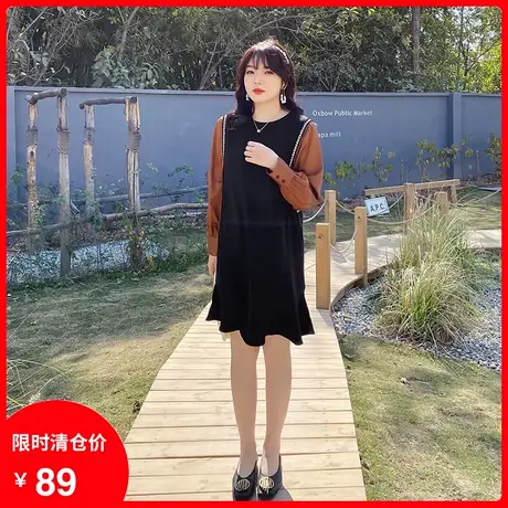 2023年秋新款法式显瘦大码胖MM连衣裙直筒遮肚长袖拼接撞色假两件图片